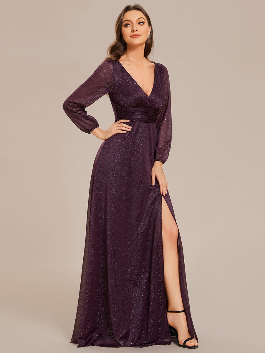 Women's Sexy Long Sleeve V-Neck Shiny Evening Dress #color_Dark Purple