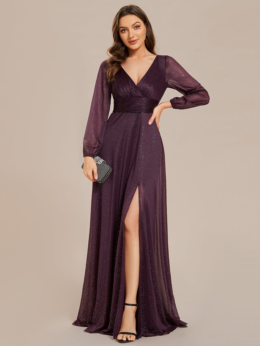 Women's Sexy Long Sleeve V-Neck Shiny Evening Dress #color_Dark Purple