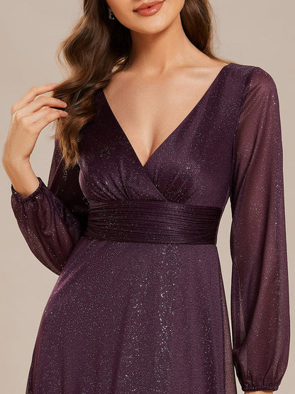 Women's Sexy Long Sleeve V-Neck Shiny Evening Dress #color_Dark Purple