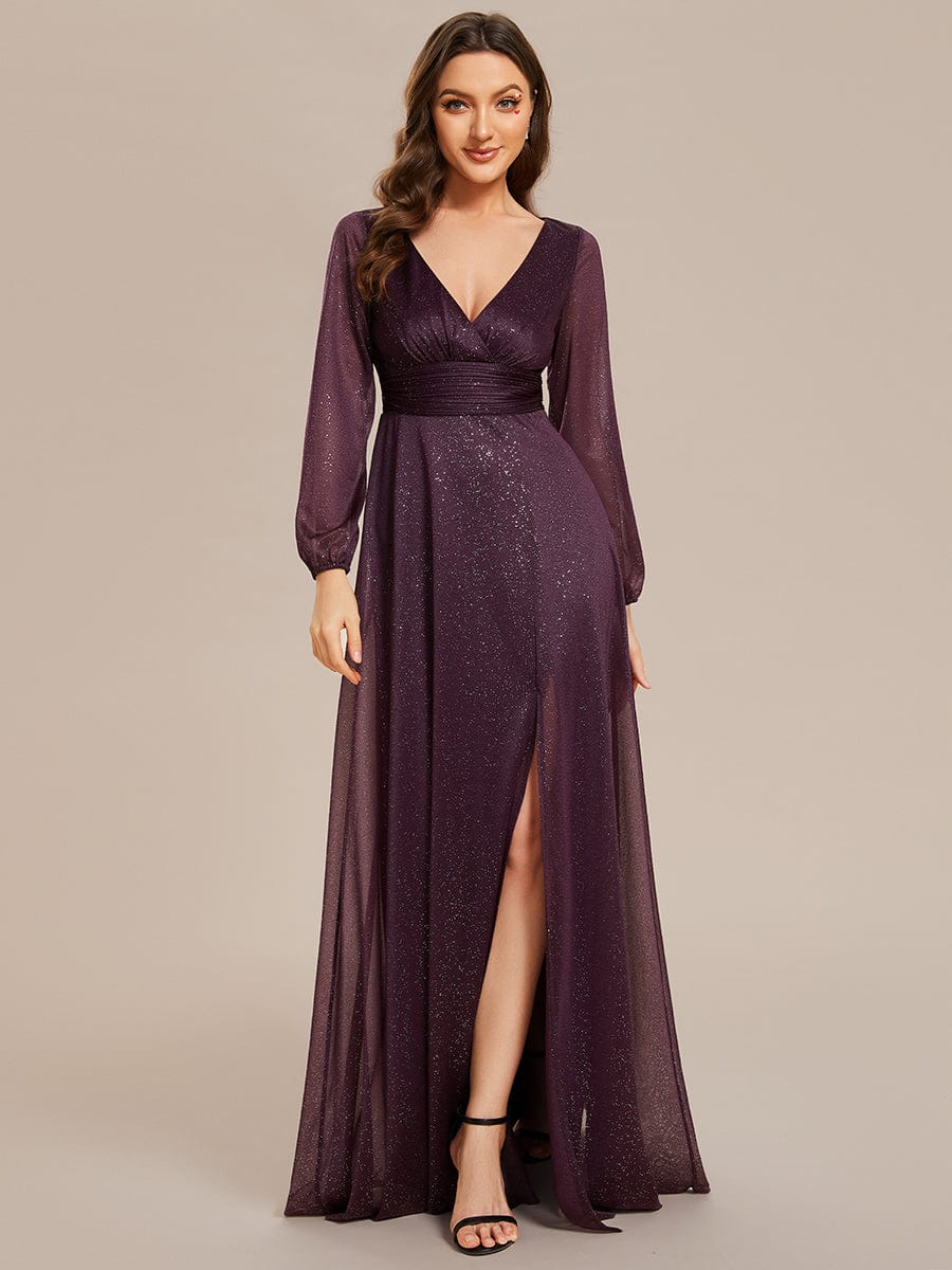 Women's Sexy Long Sleeve V-Neck Shiny Evening Dress #color_Dark Purple