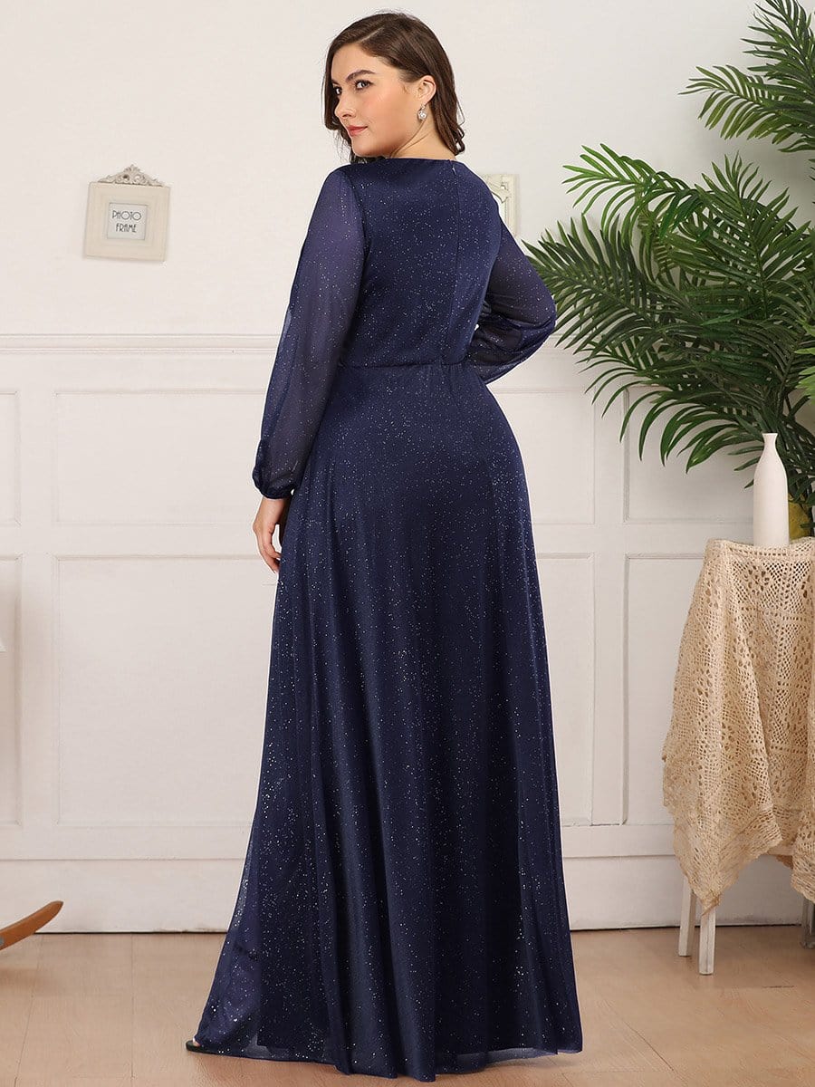 Plus Size V-Neck Shiny Puff Sleeve Evening Dress for Women #color_Navy Blue 