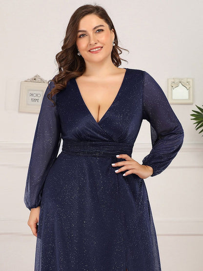 Plus Size V-Neck Shiny Puff Sleeve Evening Dress for Women #color_Navy Blue 