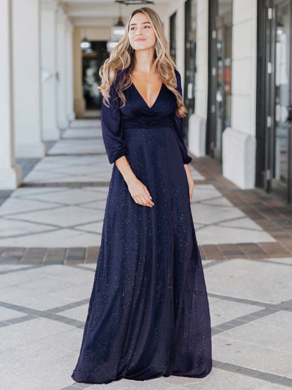 Women's Sexy Long Sleeve V-Neck Shiny Evening Dress #color_Navy Blue 