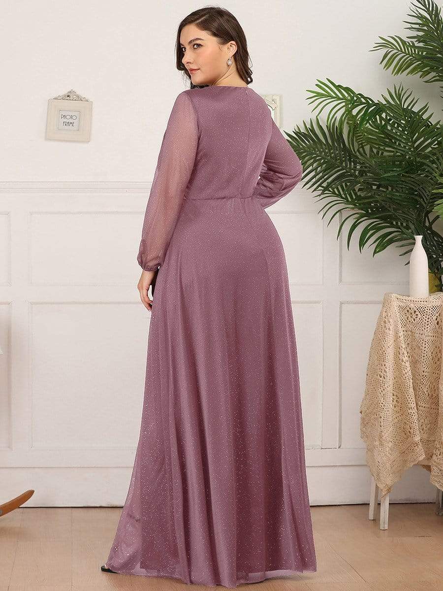 Plus Size V-Neck Shiny Puff Sleeve Evening Dress for Women #color_Purple Orchid 