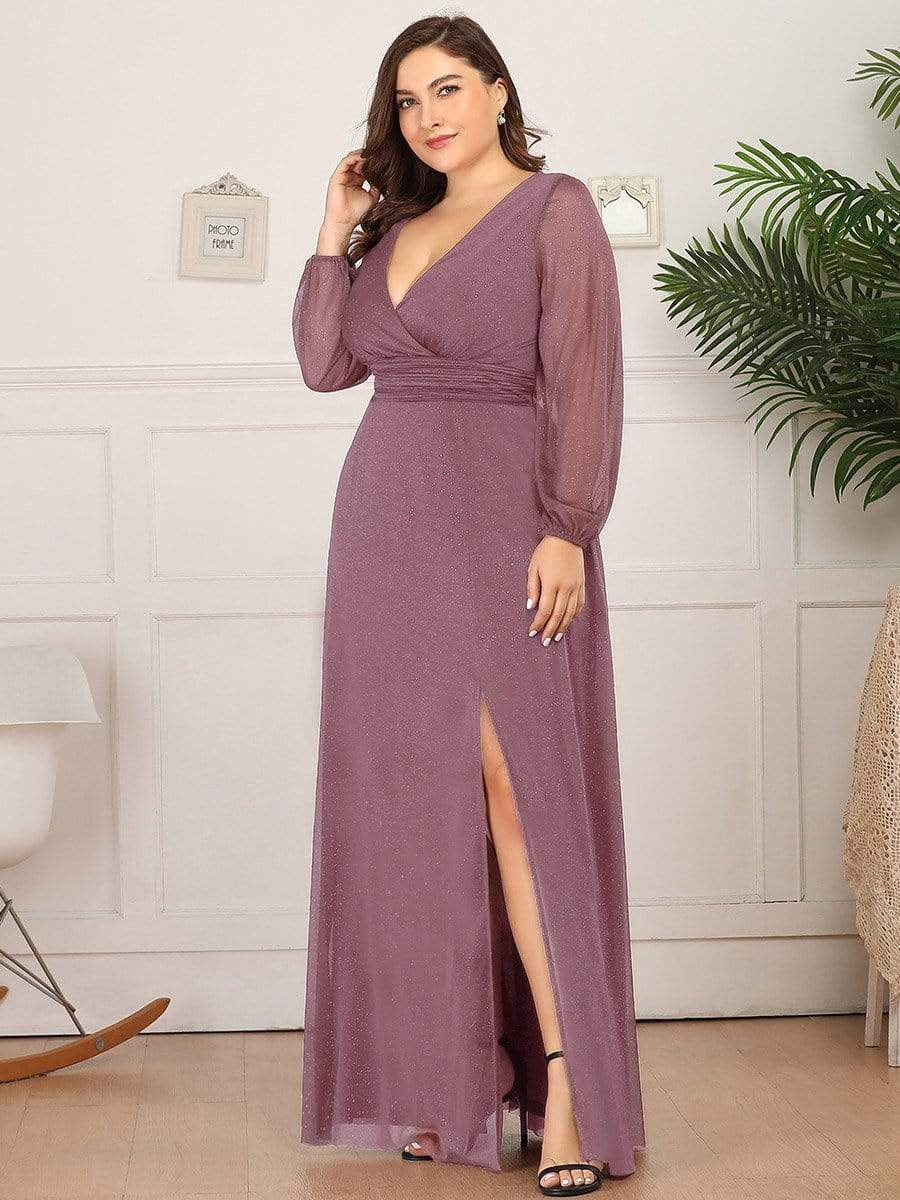 Custom Size Long Sleeve Side Split V-Neck Glittery Evening Dress #color_Purple Orchid 