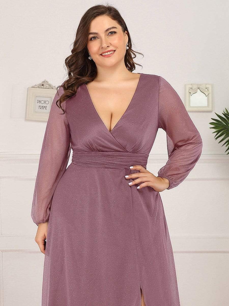 Plus Size V-Neck Shiny Puff Sleeve Evening Dress for Women #color_Purple Orchid 