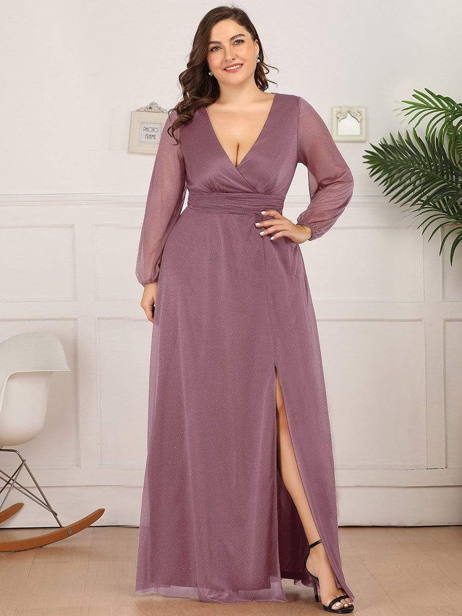 Plus Size V-Neck Shiny Puff Sleeve Evening Dress for Women #color_Purple Orchid 