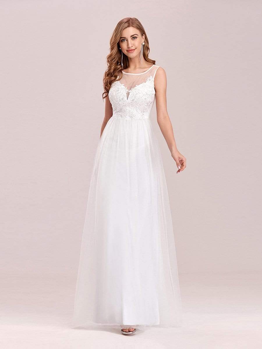 Elegant See Through Round Neck Applique Tulle Bridesmaid Dress #color_Cream 