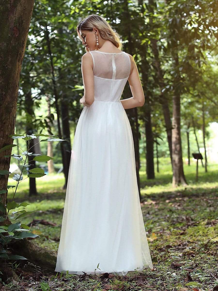 Elegant See Through Round Neck Applique Tulle Bridesmaid Dress #color_Cream 