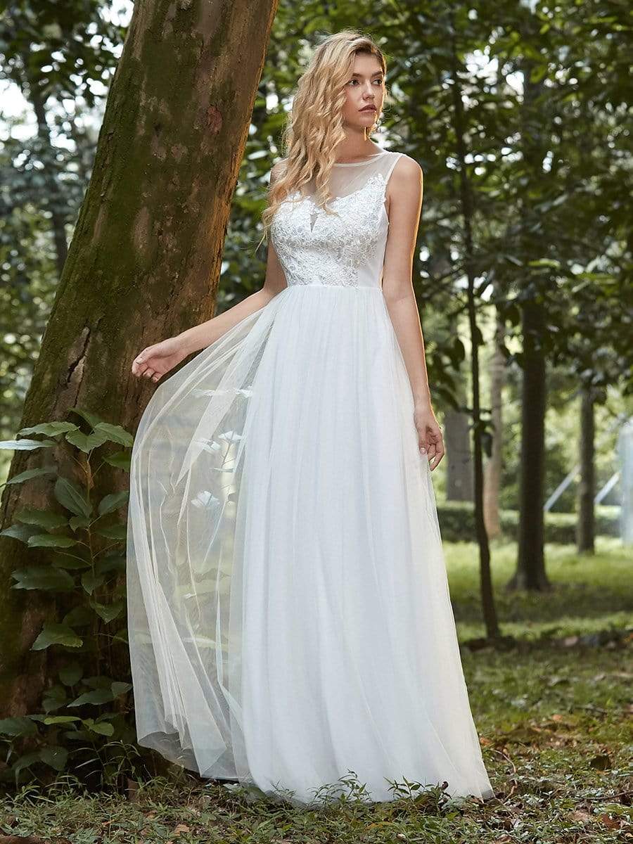 Elegant See Through Round Neck Applique Tulle Bridesmaid Dress #color_Cream 