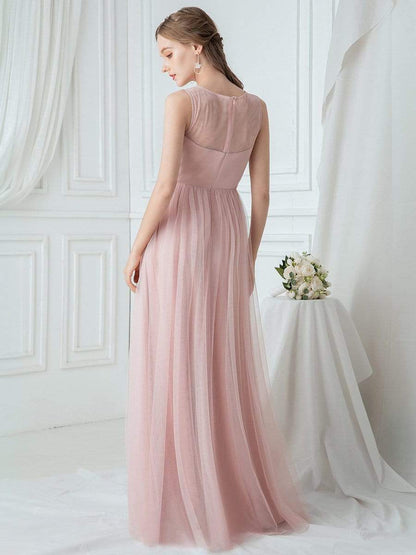 Elegant See Through Round Neck Applique Tulle Bridesmaid Dress #color_Pink 