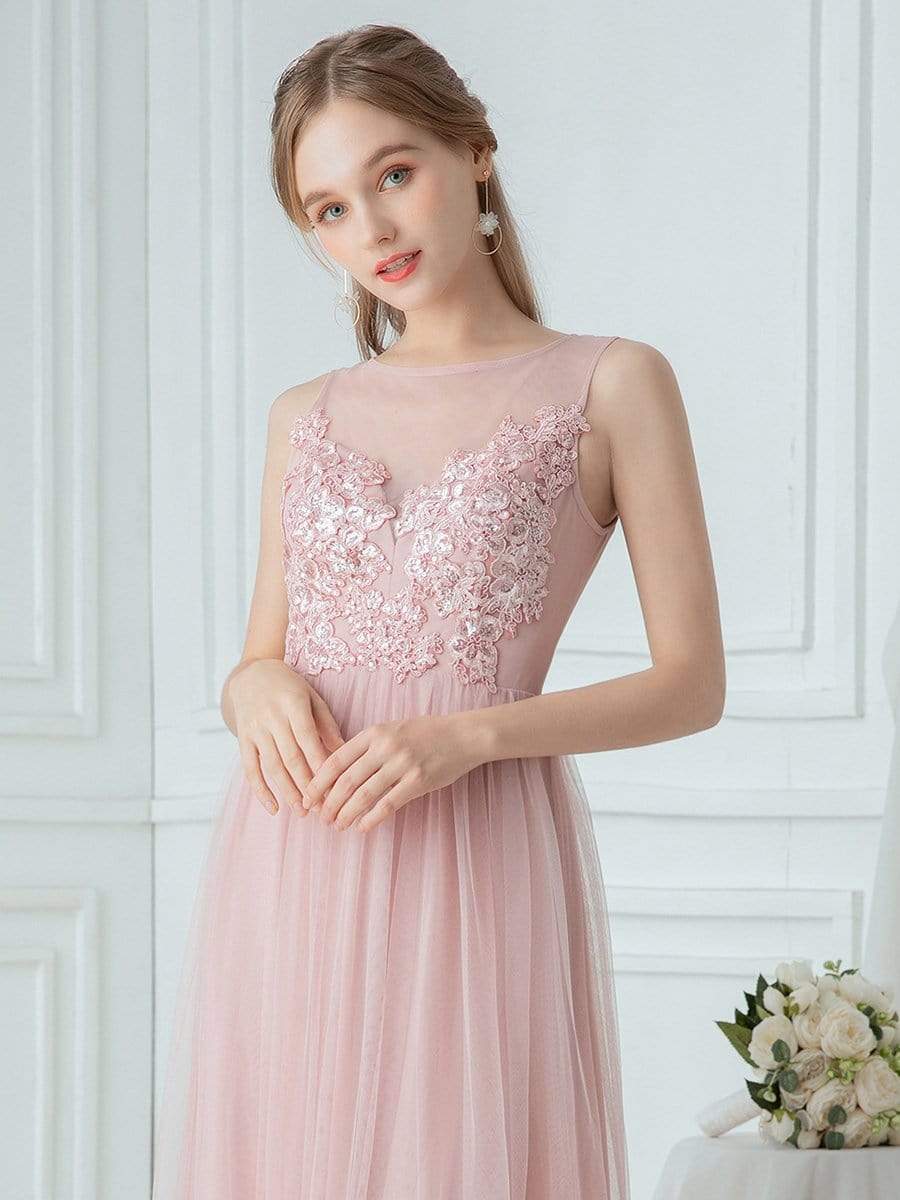 Elegant See Through Round Neck Applique Tulle Bridesmaid Dress #color_Pink 