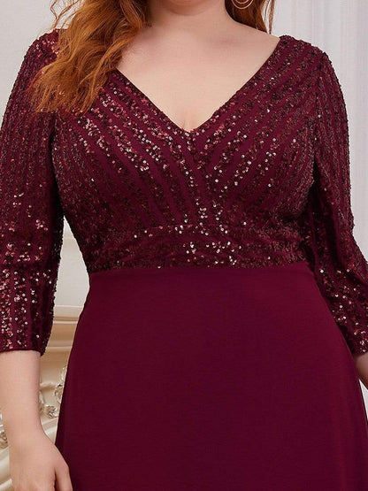 Plus Size V Neck A-Line Sequin Formal Evening Dress with Sleeve #color_Burgundy 