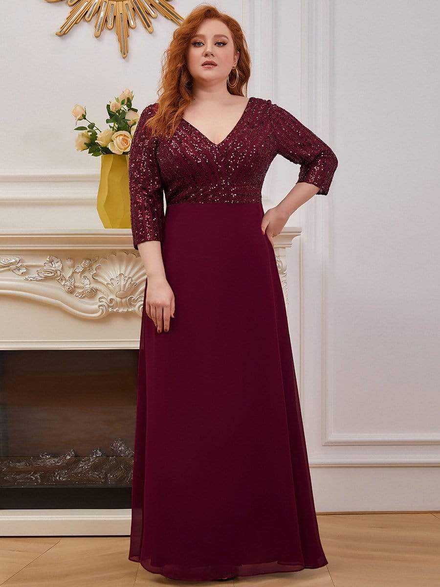 Custom Size V Neck A-Line Sequin Formal Evening Dress with Sleeve #color_Burgundy 