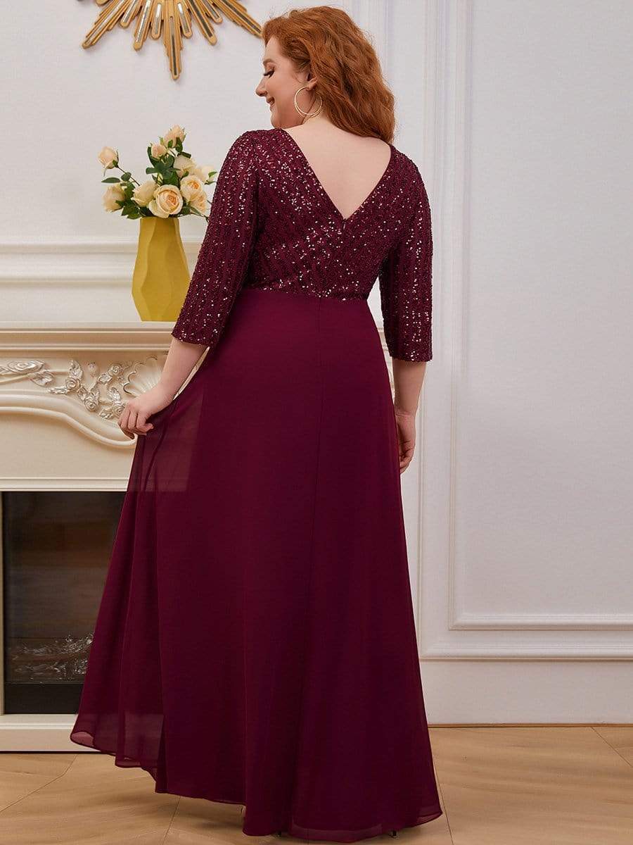 Plus Size V Neck A-Line Sequin Formal Evening Dress with Sleeve #color_Burgundy 