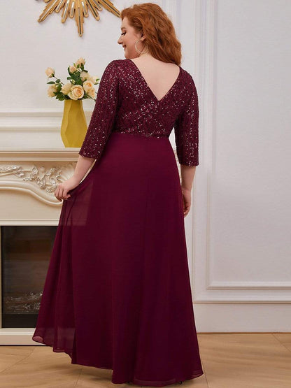 Plus Size V Neck A-Line Sequin Formal Evening Dress with Sleeve #color_Burgundy 