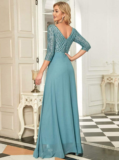 Sexy V Neck Sequin Evening Dresses with 3/4 Sleeve #color_Dusty Blue 