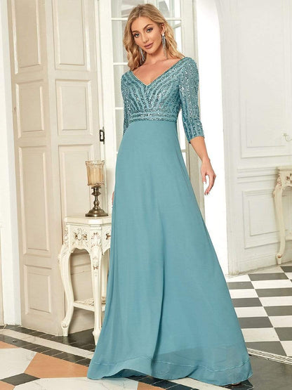 Sexy V Neck Sequin Evening Dresses with 3/4 Sleeve #color_Dusty Blue 