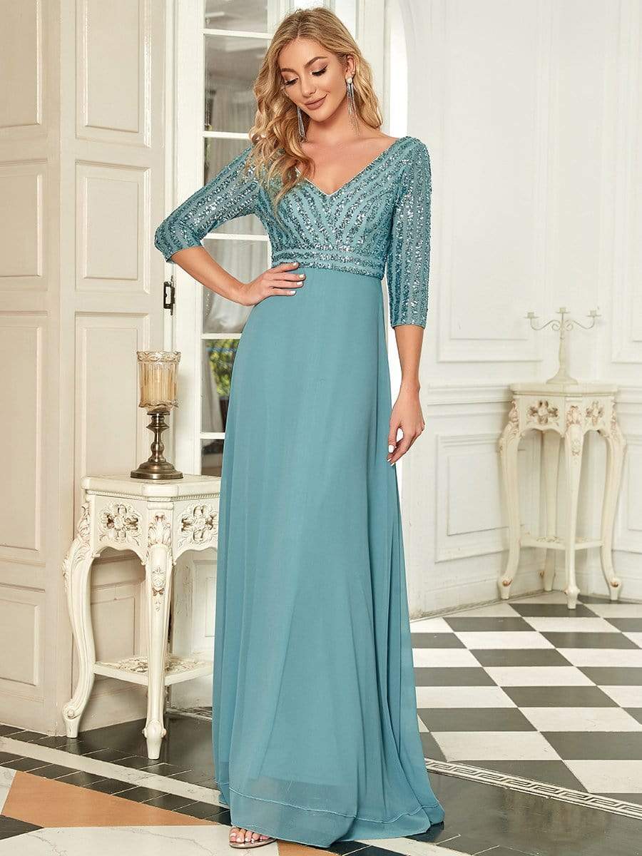 Sexy V Neck Sequin Evening Dresses with 3/4 Sleeve #color_Dusty Blue 