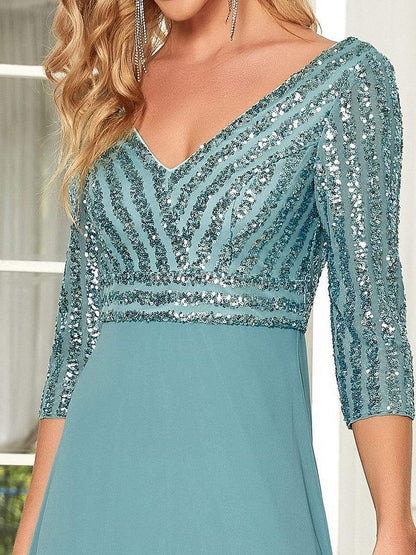 Sexy V Neck Sequin Evening Dresses with 3/4 Sleeve #color_Dusty Blue 