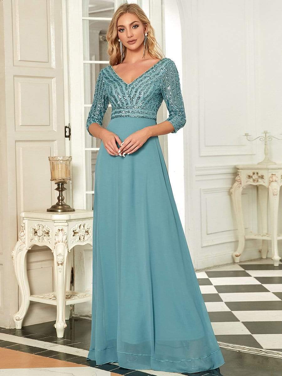 Sexy V Neck Sequin Evening Dresses with 3/4 Sleeve #color_Dusty Blue 