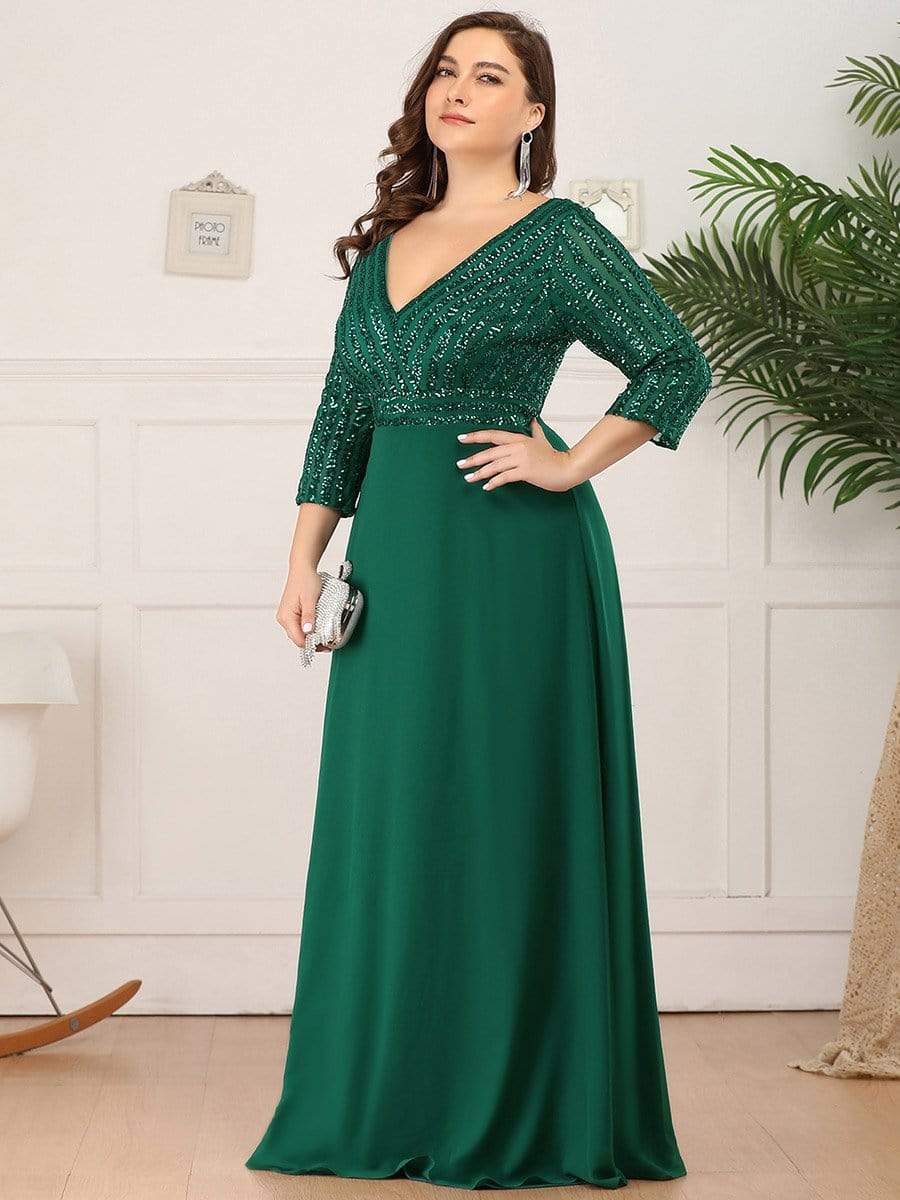 Custom Size V Neck A-Line Sequin Formal Evening Dress with Sleeve #color_Dark Green 