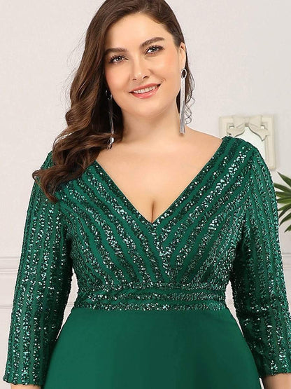 Custom Size V Neck A-Line Sequin Formal Evening Dress with Sleeve #color_Dark Green 