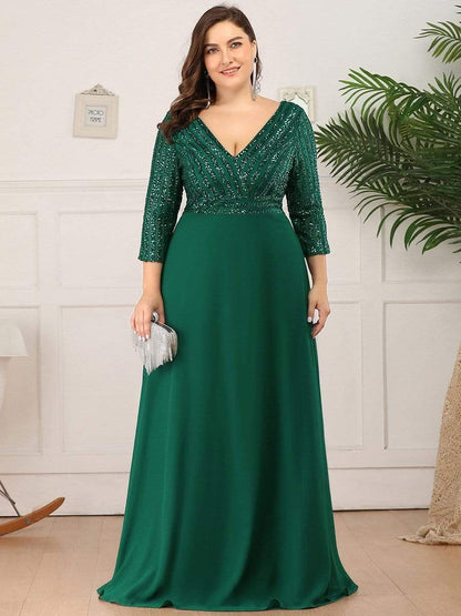 Custom Size V Neck A-Line Sequin Formal Evening Dress with Sleeve #color_Dark Green 