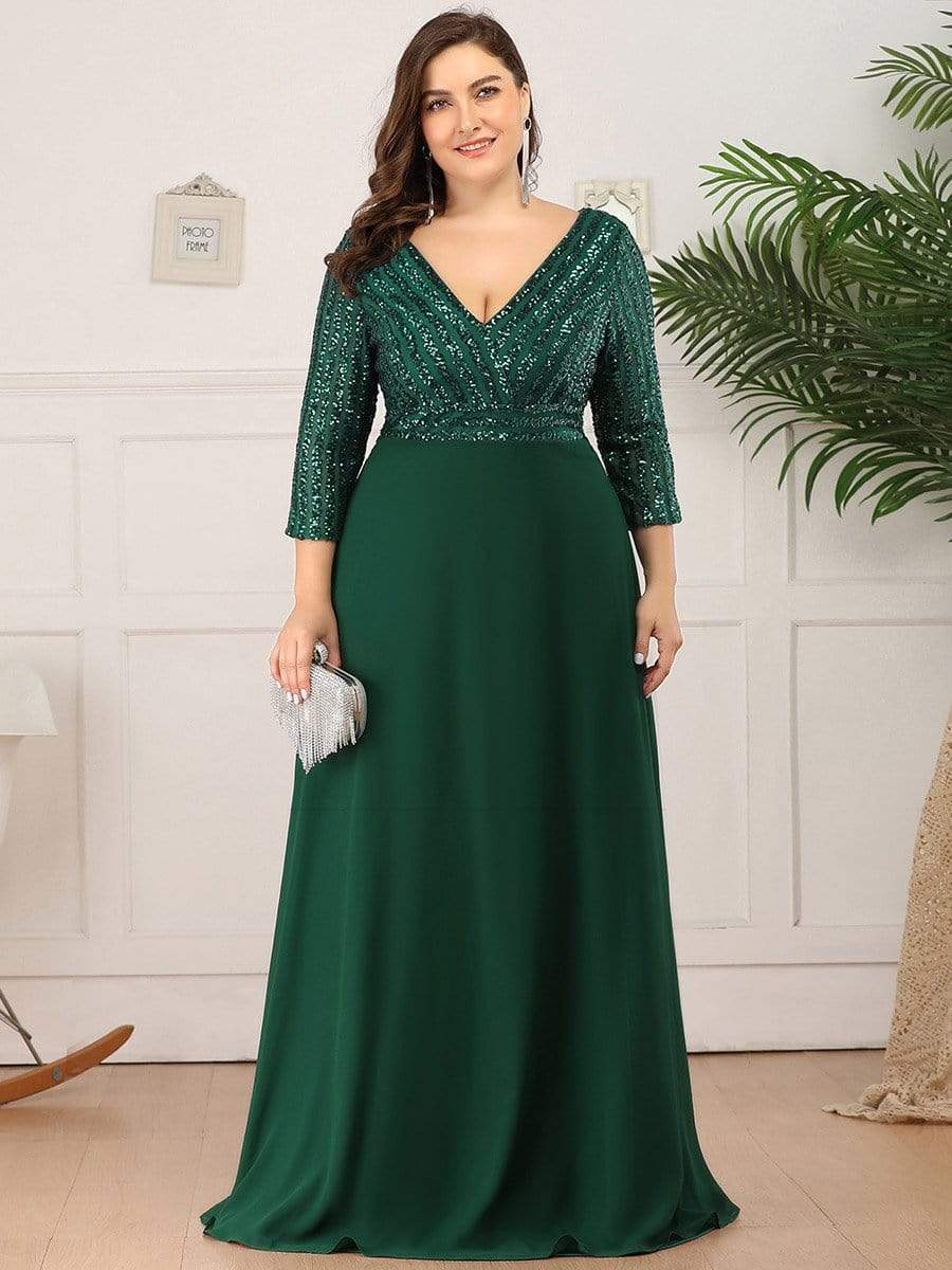 Sexy V Neck Sequin Evening Dresses with 3/4 Sleeve #color_Dark Green 