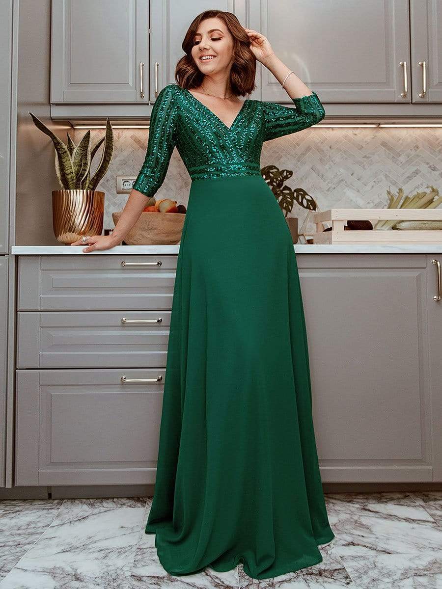 Sexy V Neck Sequin Evening Dresses with 3/4 Sleeve #color_Dark Green 