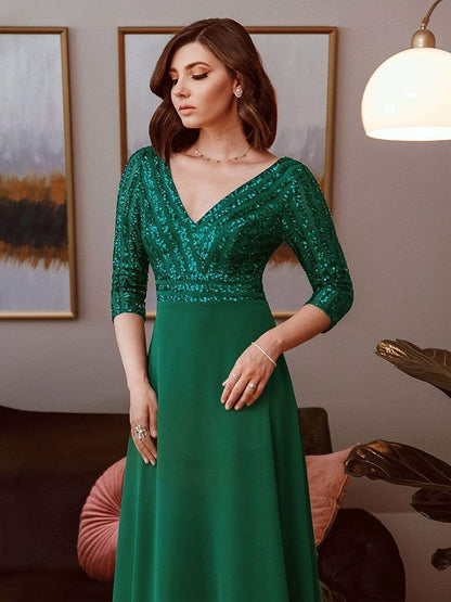 Sexy V Neck Sequin Evening Dresses with 3/4 Sleeve #color_Dark Green 