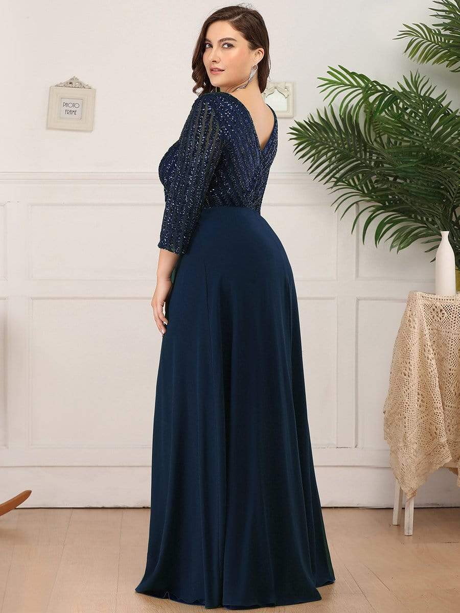 Custom Size V Neck A-Line Sequin Formal Evening Dress with Sleeve #color_Navy Blue 