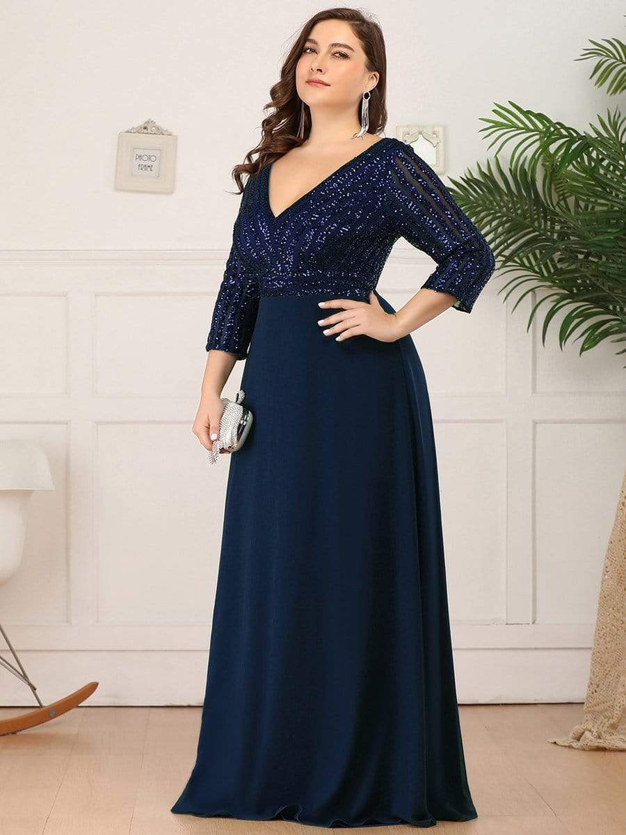 Plus Size V Neck A-Line Sequin Formal Evening Dress with Sleeve #color_Navy Blue 