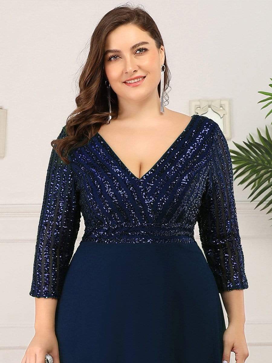 Plus Size V Neck A-Line Sequin Formal Evening Dress with Sleeve #color_Navy Blue 