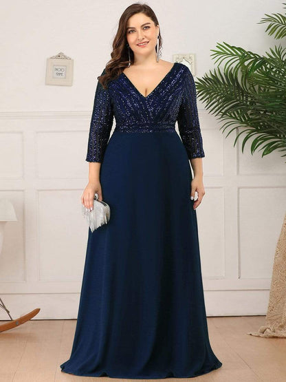 Plus Size V Neck A-Line Sequin Formal Evening Dress with Sleeve #color_Navy Blue 