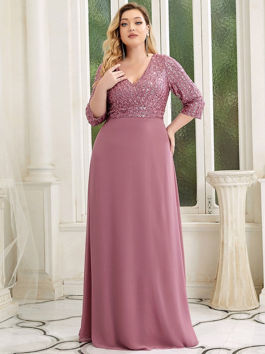 Plus Size V Neck A-Line Sequin Formal Evening Dress with Sleeve #color_Purple Orchid 