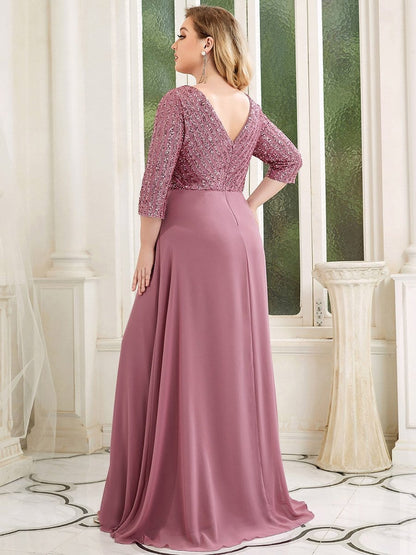 Custom Size V Neck A-Line Sequin Formal Evening Dress with Sleeve #color_Purple Orchid 