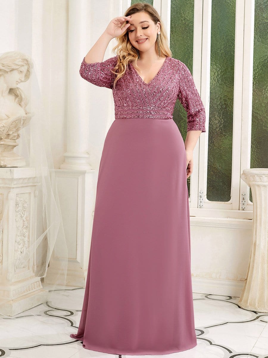 Plus Size V Neck A-Line Sequin Formal Evening Dress with Sleeve #color_Purple Orchid 