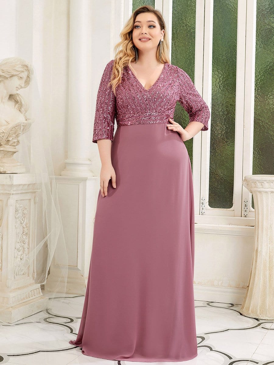 Plus Size V Neck A-Line Sequin Formal Evening Dress with Sleeve #color_Purple Orchid 