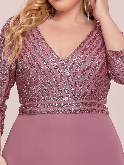 Custom Size V Neck A-Line Sequin Formal Evening Dress with Sleeve #color_Purple Orchid 