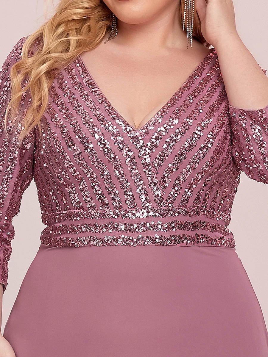 Plus Size V Neck A-Line Sequin Formal Evening Dress with Sleeve #color_Purple Orchid 