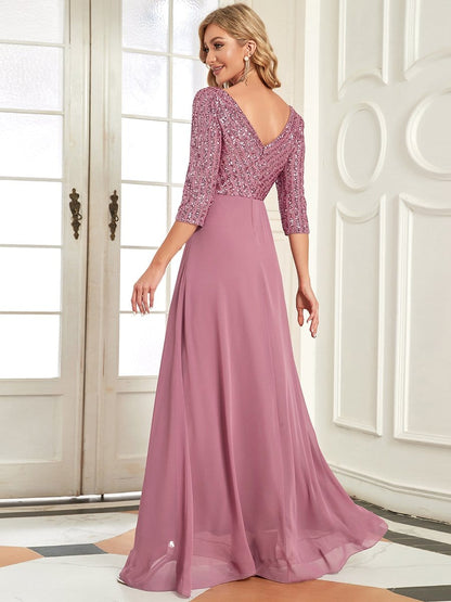 Sexy V Neck Sequin Evening Dresses with 3/4 Sleeve #color_Purple Orchid 