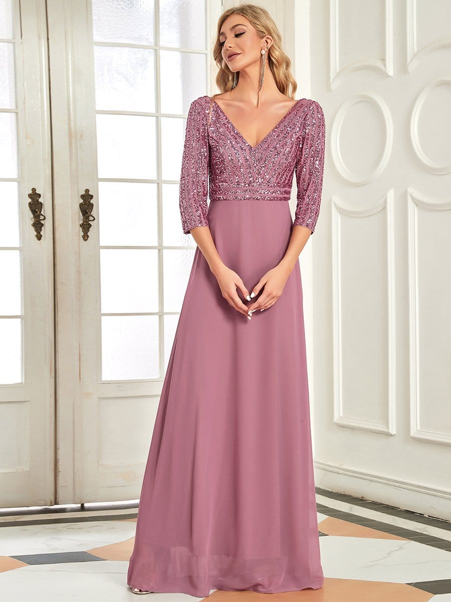 Sexy V Neck Sequin Evening Dresses with 3/4 Sleeve #color_Purple Orchid 