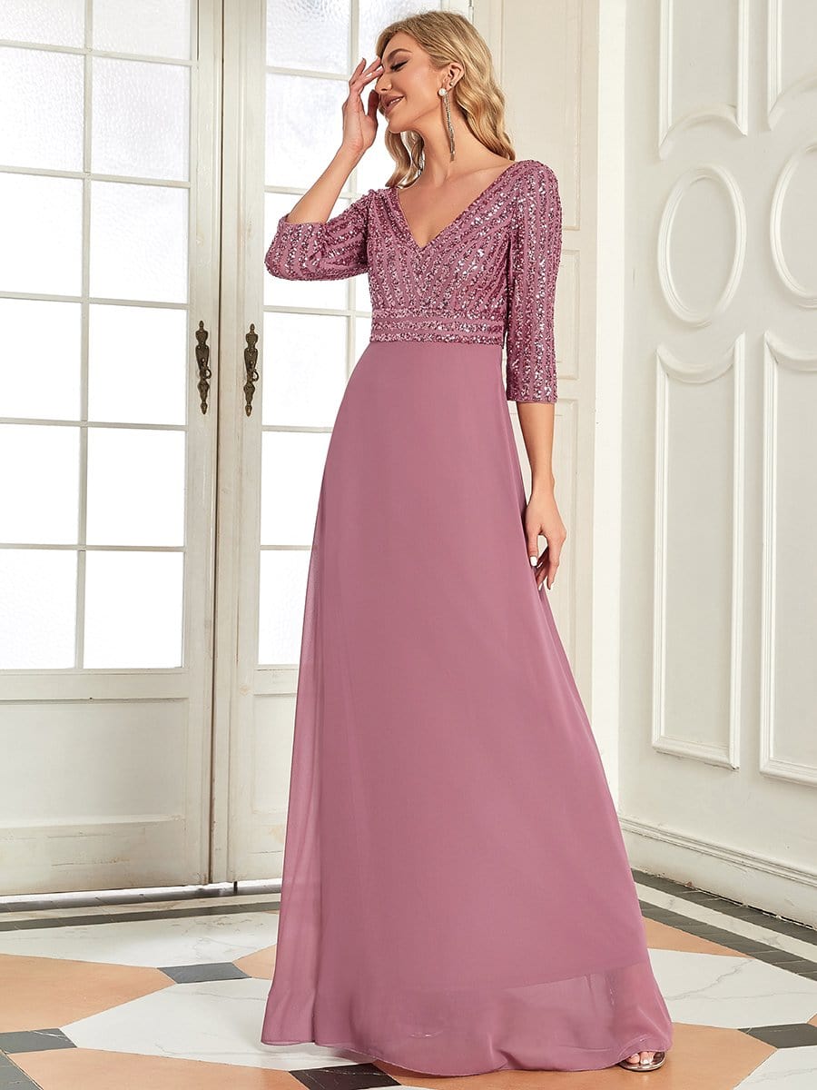 Sexy V Neck Sequin Evening Dresses with 3/4 Sleeve #color_Purple Orchid 