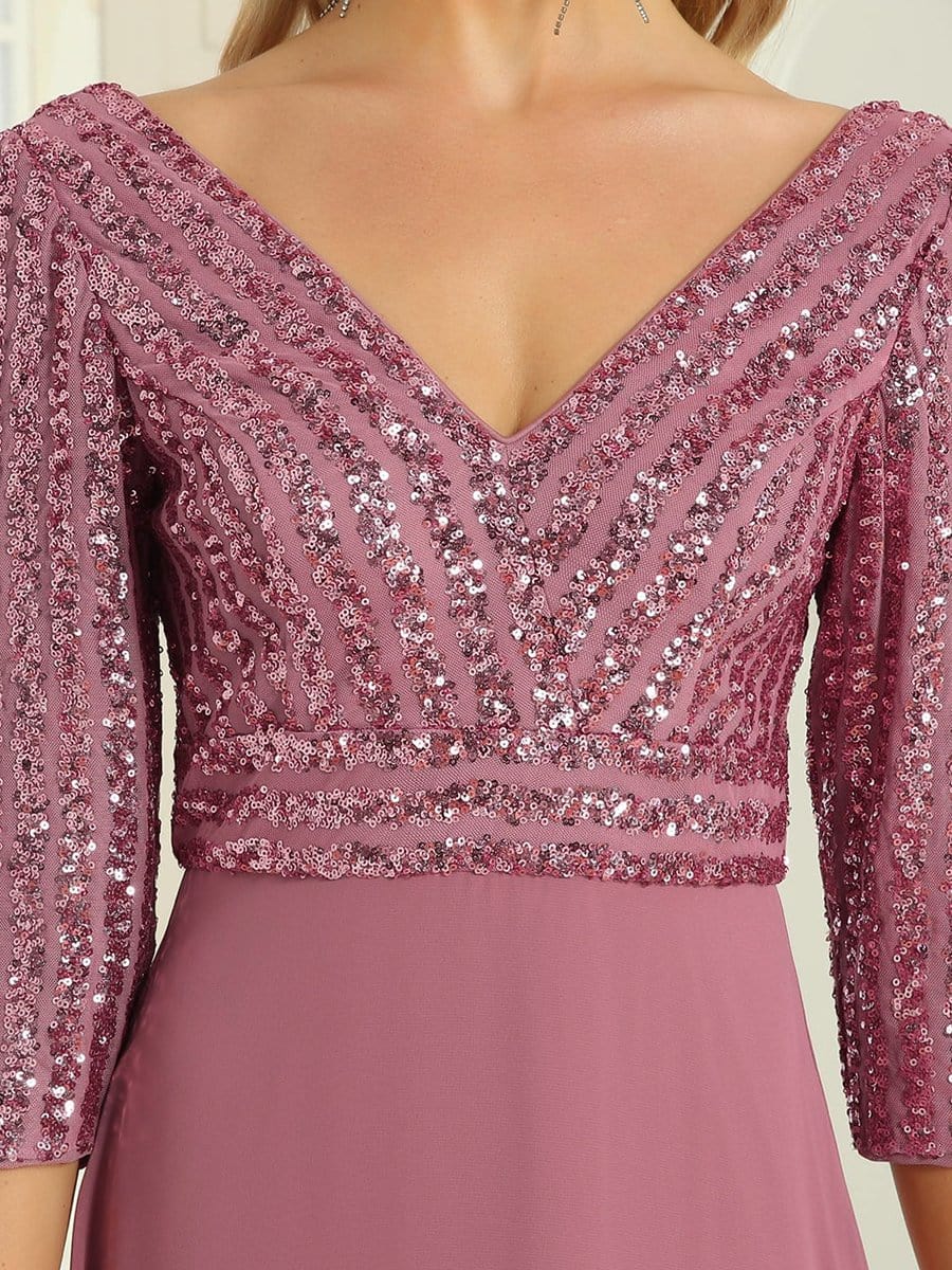 Sexy V Neck Sequin Evening Dresses with 3/4 Sleeve #color_Purple Orchid 