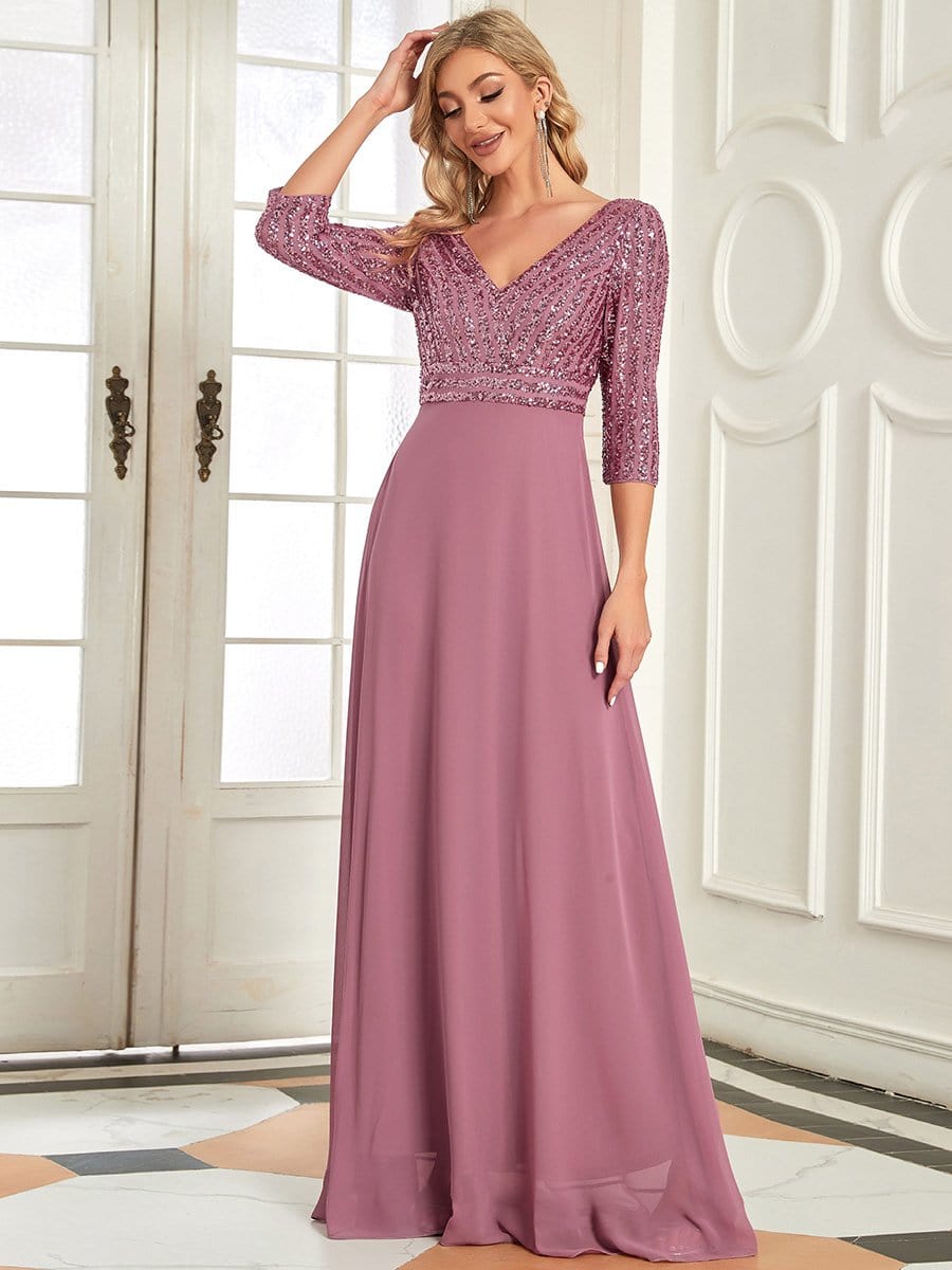 Sexy V Neck Sequin Evening Dresses with 3/4 Sleeve #color_Purple Orchid 