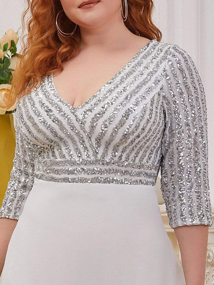 Plus Size V Neck A-Line Sequin Formal Evening Dress with Sleeve #color_White 