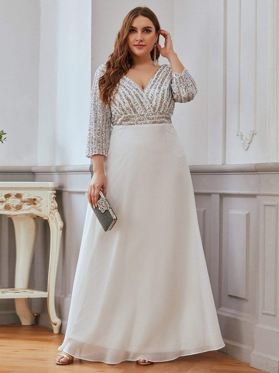 Sexy V Neck Sequin Evening Dresses with 3/4 Sleeve #color_White 