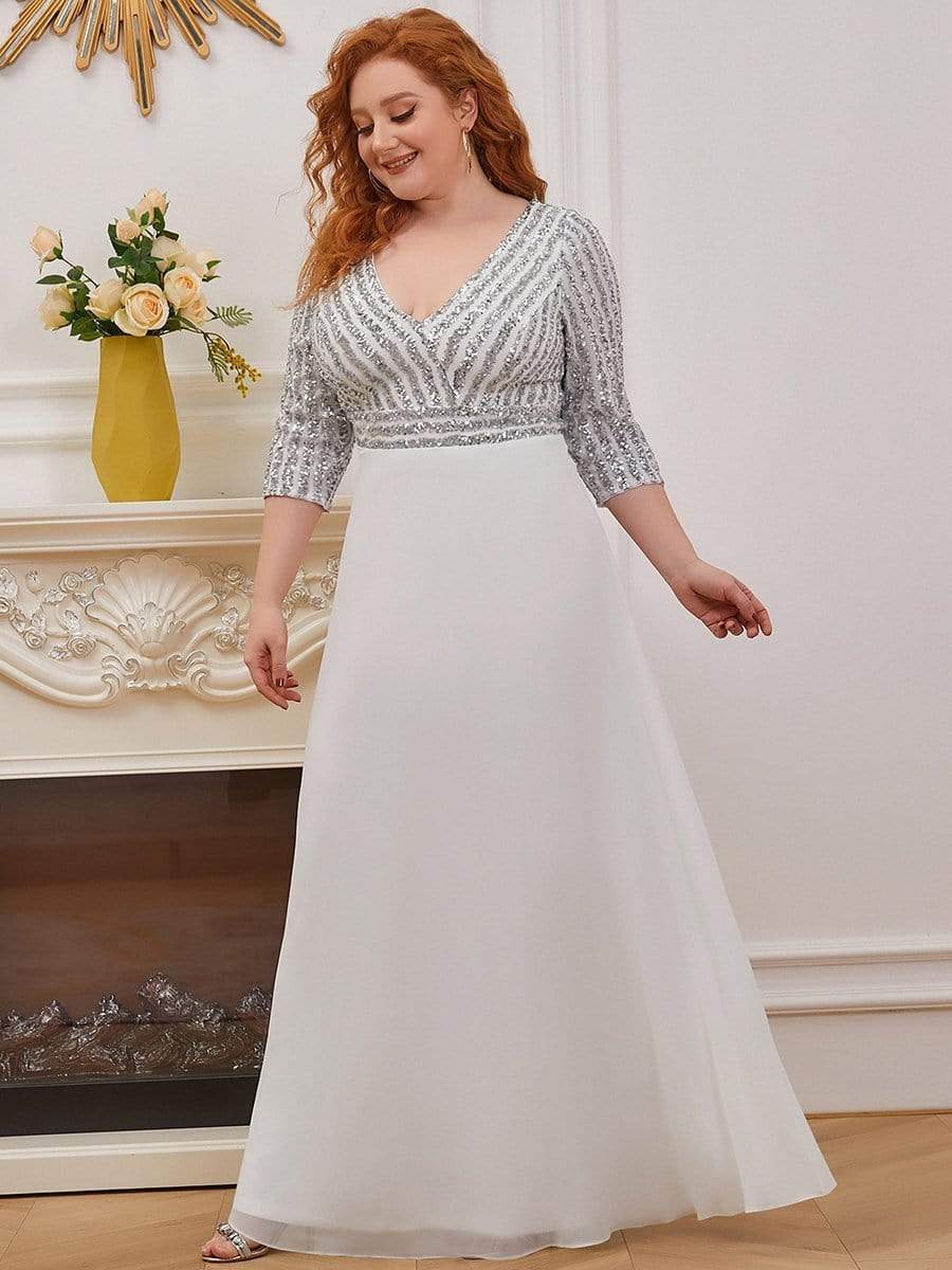 Plus Size V Neck A-Line Sequin Formal Evening Dress with Sleeve #color_White 