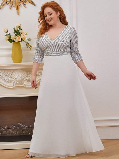 Plus Size V Neck A-Line Sequin Formal Evening Dress with Sleeve #color_White 